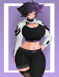 Rule 34 | 1girl, absurdres, arm at side, artist name, asymmetrical legwear, belt, black pants, black shirt, black thighhighs, blush, breasts, capri pants, cleavage, cleavage cutout, clenched hand, closed mouth, clothes lift, clothing cutout, cowboy shot, cropped hoodie, cropped shirt, escriba, female focus, goth fashion, grey hoodie, hair over one eye, half-closed eye, hand on own hip, highres, hood, hood down, hoodie, hoodie lift, karma (vtuber), large breasts, long sleeves, looking at viewer, midriff, navel, owozu, pants, purple background, purple belt, purple hair, shirt, short hair, simple background, smile, smug, solo, standing, thighhighs, toned, two-tone background, virtual youtuber, white background, wide hips, yellow eyes