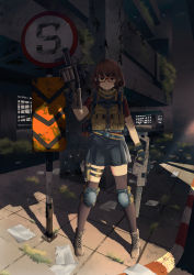 Rule 34 | 1girl, ahoge, brown hair, commentary, english commentary, glasses, gloves, grenade launcher, gun, handgun, highres, holding, holding gun, holding weapon, holster, holstered, knee pads, kriss usa, kriss vector, load bearing vest, magpul, milkor mgl, original, osprey 45, persocon93, pistol, polygonal suppressor, red-framed eyewear, revolver grenade launcher, shadow, short hair, silencerco, solo, submachine gun, suppressor, thigh holster, thighhighs, tom clancy&#039;s the division, transformational defense industries, weapon