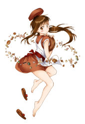 Rule 34 | 10s, 1girl, barefoot, brown eyes, brown hair, candy, feet, floating, floating hair, floating object, food, full body, inushi, long hair, looking at viewer, nisekoi, onodera haru, sandals, shoes, unworn shoes, side ponytail, simple background, skirt, solo, white background