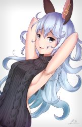 Rule 34 | 10s, 1girl, absurdres, alternate costume, animal ears, aran sweater, arms behind head, arms up, back cutout, backless dress, backless outfit, bare shoulders, black sweater, blue eyes, blue hair, breasts, cable knit, clothing cutout, dress, dutch angle, earrings, erune, ferry (granblue fantasy), granblue fantasy, halterneck, highres, hiyashi mikan, hoop earrings, jewelry, light purple hair, long hair, looking at viewer, meme attire, naked sweater, open mouth, rabbit ears, ribbed sweater, sideboob, signature, simple background, single earring, small breasts, smile, solo, sweater, sweater dress, turtleneck, turtleneck sweater, upper body, virgin killer sweater, wavy hair