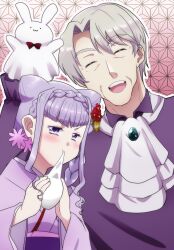 Rule 34 | 1boy, 1girl, :d, ascot, blush, braid, brooch, closed eyes, doctor traum, eating, facing viewer, father and daughter, flower, grey hair, hair flower, hair ornament, hand puppet, highres, hugtto! precure, japanese clothes, jewelry, kimono, kisaki (pixiv3016850), long hair, long sleeves, looking at viewer, old, old man, open mouth, precure, puppet, purple eyes, purple hair, purple kimono, rabbit puppet, ruru amour, smile, white ascot, wide sleeves