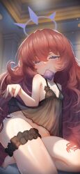 Rule 34 | 1girl, absurdres, bare shoulders, blue archive, blue eyes, blush, bridal garter, clothes lift, commentary request, condom, condom in mouth, condom wrapper, halo, highres, huan yu, iroha (blue archive), lingerie, long hair, looking at viewer, mouth hold, nipples, purple halo, red hair, see-through clothes, solo, thighs, underwear, very long hair, wavy hair