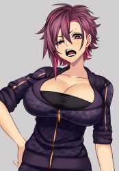 Rule 34 | 1girl, black jacket, black shirt, breasts, brown hair, camouflage, camouflage jacket, cleavage, ear piercing, hand on own hip, highres, hz (666v), jacket, large breasts, looking at viewer, magenta eyes, multicolored hair, open mouth, original, piercing, pink hair, shirt, short hair, streaked hair, tomboy, two-tone hair, upper body