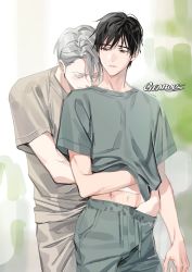 Rule 34 | 2boys, artist name, bishounen, black hair, blurry, blurry background, brown eyes, closed eyes, closed mouth, colored eyelashes, couple, cowboy shot, dot nose, drawstring, eyelashes, gearous, gradient background, green shirt, grey hair, grey pants, grey shirt, hair between eyes, hair over one eye, half-closed eyes, hand in pants, hand under clothes, hand under shirt, happy, head on another&#039;s shoulder, highres, hug, hug from behind, katsuki yuuri, light blush, light smile, lips, looking at another, looking back, male focus, multiple boys, navel, pants, parted lips, shirt, short sleeves, simple background, standing, stomach, sweatpants, two-tone background, viktor nikiforov, yaoi, yuri!!! on ice