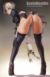 Rule 34 | 1girl, artist name, ass, bent over, black footwear, black gloves, black skirt, black thighhighs, blindfold, boots, commentary, dantewontdie, facing viewer, from behind, gloves, hairband, hand on own knee, heart, high heel boots, high heels, juliet sleeves, long sleeves, looking at viewer, looking back, mole, mole under mouth, nier (series), nier:automata, panties, parted lips, pod (nier:automata), puffy sleeves, short hair, skirt, solo, thigh boots, thighhighs, thighhighs under boots, underwear, white hair, white panties, 2b (nier:automata)