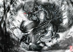 Rule 34 | 1boy, armor, artist name, attack, bamboo, bamboo forest, battle, black theme, bowser, cape, dust, forest, glowing, glowing eyes, greyscale, hammer, hat, highres, holding, holding weapon, legs apart, male focus, mario, mario (series), monochrome, monster hunter (series), motion blur, nature, nintendo, outdoors, pauldrons, punching, red eyes, shoulder armor, size difference, smith syuei, spikes, spot color, traditional media, weapon