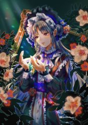 Rule 34 | 1girl, blue eyes, blue hair, bonnet, dress, flower, frills, gradient hair, green background, hesa, highres, light rays, lolita fashion, long hair, long sleeves, looking at hands, mirror, multicolored hair, open mouth, original, parted bangs, plant, puffy sleeves, purple ribbon, ribbon, smile, solo, sunbeam, sunlight, very long hair