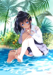 Rule 34 | 1girl, bare legs, barefoot, black hair, blue eyes, blush, closed mouth, collarbone, commentary request, day, feet, grey skirt, hair between eyes, hair ribbon, hands on own knee, head tilt, high ponytail, highres, long hair, long sleeves, motohara moka, original, outdoors, panties, pleated skirt, ponytail, ribbon, see-through, shirt, sitting, skirt, soles, solo, underwear, water, wet, wet clothes, wet shirt, white panties, white ribbon, white shirt