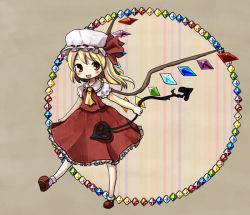 Rule 34 | 1girl, ascot, bad id, bad pixiv id, blonde hair, child, dress, embodiment of scarlet devil, female focus, flandre scarlet, full body, hagino chiyoko, hat, laevatein, long hair, mary janes, necktie, red eyes, ribbon, shoes, smile, socks, solo, touhou, weapon, wings, yellow ascot