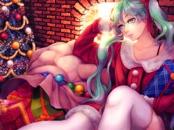Rule 34 | 1girl, aqua eyes, aqua hair, arch, backlighting, ball, box, brick, christmas, christmas lights, christmas ornaments, christmas tree, closed mouth, collarbone, dress, eyelashes, fire, fireworks, flat chest, fur trim, gift, gift box, green eyes, green hair, hair between eyes, hair over shoulder, hair ribbon, hand up, hatsune miku, head rest, head tilt, indoors, ixym, knee up, lace, lace-trimmed ribbon, lace trim, lips, long hair, long sleeves, looking at viewer, off shoulder, pom pom (clothes), red dress, red ribbon, ribbon, sack, short dress, sitting, sleeves past wrists, solo, thighhighs, twintails, vocaloid, white thighhighs