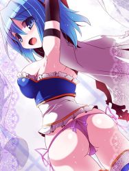 Rule 34 | 10s, 1girl, armband, armpits, arms up, ass, blue eyes, blue hair, breasts, cape, large breasts, looking back, magical girl, mahou shoujo madoka magica, mahou shoujo madoka magica (anime), matching hair/eyes, miki sayaka, miuku (marine sapphire), open mouth, panties, short hair, side-tie panties, solo, tears, thighhighs, thong, underwear