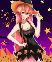 Rule 34 | 1girl, adjusting clothes, adjusting headwear, alternate costume, ba shikon, bare shoulders, bat (animal), black shirt, blush, breasts, cleavage, collarbone, covered erect nipples, english text, female focus, gradient background, halloween, hand on own hip, hand up, happy, hat, highres, lamia, large breasts, long hair, looking at viewer, miia (monster musume), monster girl, monster musume no iru nichijou, open mouth, orange eyes, orange hat, outline, pointy ears, purple background, red hair, shirt, sleeveless, sleeveless shirt, smile, solo, star (symbol), upper body, very long hair, white outline, witch hat, zipper pull tab