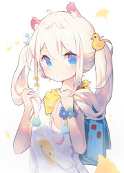 Rule 34 | 1girl, absurdres, akuli, animal ears, backpack, bag, blue bag, blue eyes, blush, closed mouth, commentary request, duck hair ornament, emoji, flower bracelet, hair ribbon, hand in own hair, hands up, highres, looking at viewer, nail polish, original, pink nails, pinky out, ribbon, shirt, sidelocks, simple background, solo, tress ribbon, twintails, upper body, white background, white shirt, yellow ribbon