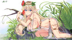 Rule 34 | 1girl, anklet, arched back, armlet, bad id, bad pixiv id, bangle, bare shoulders, barefoot, bent over, blonde hair, blue eyes, bracelet, braid, breasts, cleavage, commentary request, day, elf, fingernails, flower, from side, full body, gem, hair between eyes, hair flower, hair ornament, hanging breasts, highres, holding, holding flower, jewelry, kneeling, large breasts, legs apart, long fingernails, long hair, looking at viewer, muka tsuku, navel, neck ring, nipple slip, nipples, no bra, no panties, original, outdoors, parted lips, pelvic curtain, plant, pointy ears, red flower, red gemstone, revealing clothes, revision, ring, sidelocks, signature, solo, thighs, very long hair