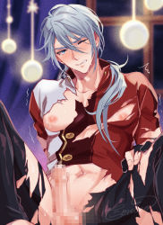 Rule 34 | 1boy, blue eyes, blue hair, blush, censored, clothing cutout, edmond (nu carnival), erection, light blue hair, long hair, looking at viewer, low ponytail, male focus, mobugorilla, mosaic censoring, nu carnival, one eye closed, solo