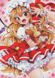 Rule 34 | 1girl, blonde hair, bloomers, blush, cowboy shot, crystal, flandre scarlet, floral background, frilled sleeves, frills, hat, hat ribbon, highres, holding, holding stuffed toy, long hair, looking at viewer, maccha xxxxxx, marker (medium), mob cap, pink background, puffy short sleeves, puffy sleeves, red eyes, red ribbon, red skirt, red vest, ribbon, sample watermark, shirt, short sleeves, simple background, skirt, skirt set, solo, stuffed animal, stuffed toy, teddy bear, thighhighs, touhou, traditional media, underwear, vest, watermark, white bloomers, white hat, white shirt, white thighhighs, wings, wrist cuffs