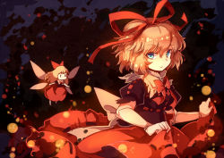 Rule 34 | 1girl, blonde hair, blue eyes, bow, darkness, doll joints, dress, fairy wings, hair bow, hair ribbon, joints, looking at viewer, medicine melancholy, puffy short sleeves, puffy sleeves, red dress, ribbon, shirt, short sleeves, skirt, su-san, touhou, wings, yetworldview kaze
