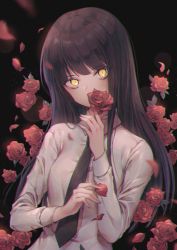 Rule 34 | 1girl, bad id, bad pixiv id, black bow, black hair, black necktie, bow, chromatic aberration, collared shirt, commentary, covered mouth, flower, flower over mouth, holding, holding flower, long hair, long sleeves, looking at viewer, necktie, original, ozzingo, petals, red flower, red rose, rose, shirt, slit pupils, solo, symbol-only commentary, upper body, very long hair, white shirt, yellow eyes