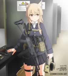 Rule 34 | !, 1girl, absurdres, ak-74, aks-74, ammunition, ammunition pouch, animal ear fluff, animal ears, artist name, assault rifle, belt, black ribbon, blazer, blonde hair, blue jacket, blue skirt, bow, braid, breasts, brown eyes, buckle, buttoned cuffs, buttons, carton, chinese text, closed mouth, commentary, commission, cowboy shot, crescent, crescent hair ornament, ear protection, english text, flower, fox ears, fox girl, fox tail, gun, hair between eyes, hair bow, hair ornament, hair over shoulder, hand on table, handgun, highres, indoors, jacket, kalashnikov rifle, kanji, kochiya tenko, lapels, large breasts, light blush, long hair, long sleeves, looking to the side, m1911, magazine (weapon), neck ribbon, notched lapels, optical sight, original, pixiv commission, pleated skirt, pouch, ribbon, rifle, scope, shirt, shooting range, sign, single braid, skirt, snap-fit buckle, solo, star (symbol), star hair ornament, table, tail, thigh strap, triangle, utility belt, warning sign, weapon, white bow, white flower, white shirt