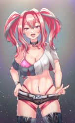 Rule 34 | 1girl, :d, azur lane, belt, bikini, bikini under clothes, black collar, black shorts, blush, bracelet, breasts, bremerton (azur lane), cleavage, collar, collarbone, commentary request, covered erect nipples, cowboy shot, crop top, crop top overhang, cutoffs, ear piercing, earrings, fingernails, grey background, grey belt, grey hair, groin, hair between eyes, hair intakes, hair ornament, hand on own hip, head tilt, highleg, highleg bikini, highres, jewelry, large breasts, lifebuoy, long fingernails, long hair, looking at viewer, midriff, mignonette, mole, mole on breast, mole under eye, multicolored hair, nail polish, navel, navel piercing, no eyewear, no jacket, off-shoulder shirt, off shoulder, open mouth, piercing, pink bikini, pink eyes, pink hair, pink nails, shirt, short shorts, short sleeves, shorts, sidelocks, simple background, single bare shoulder, skindentation, smile, solo, standing, streaked hair, swim ring, swimsuit, teeth, thigh strap, toned, tongue, tongue piercing, twintails, two-tone hair, two-tone shirt, upper teeth only, v, wristband