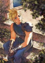 Rule 34 | 1boy, armor, belt, blonde hair, blue eyes, blue pants, blue shirt, blurry, blurry foreground, boots, cloud strife, final fantasy, final fantasy vii, final fantasy vii remake, flower, foliage, gloves, holding, holding flower, looking to the side, male focus, own hands together, pants, parted lips, shirt, short hair, shoulder armor, sitting, sleeveless, sleeveless turtleneck, solo, spiked hair, square enix, stairs, suspenders, thar chandran, turtleneck