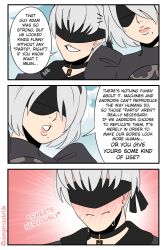 Rule 34 | 1boy, 1girl, 3koma, black blindfold, black choker, black hairband, blindfold, blush, choker, comic, commentary, dangerousbride, english commentary, english text, grey hair, hairband, highres, mole, mole under mouth, nier:automata, nier (series), parted lips, sweat, twitter username, 2b (nier:automata), 9s (nier:automata)