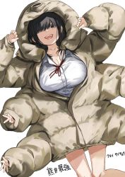 Rule 34 | 1girl, black eyes, black hair, breasts, brown jacket, cleavage, collared shirt, cowboy shot, extra arms, highres, jacket, looking at viewer, medium hair, megame (okbnkn), neck ribbon, original, personification, red ribbon, ribbon, shirt, small hands, smile, solo, tardigrade, v, white background, white shirt