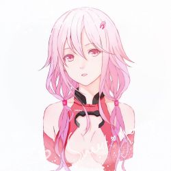 Rule 34 | 1girl, arms behind back, artist name, bare shoulders, breasts, cleavage, english text, guilty crown, hair between eyes, long hair, parted lips, pink eyes, pink hair, solo, twintails, upper body, white background, yukilus, yuzuriha inori