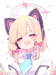 Rule 34 | 1girl, animal ear headphones, animal ears, blonde hair, blue archive, blue necktie, blush, collared shirt, double v, fake animal ears, halo, headphones, heart, highres, looking at viewer, momoi (blue archive), necktie, open mouth, pink halo, red eyes, ruten (onakasukusuku), shirt, short hair, simple background, smile, solo, twitter username, upper body, v, white background, white shirt