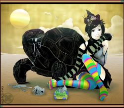 Rule 34 | 1girl, :3, arm warmers, detached sleeves, elbow gloves, gloves, hair ornament, kyan-dog, multicolored clothes, multicolored legwear, pun, sitting, skirt, smile, solo, striped clothes, striped thighhighs, thighhighs, tissue, tissue box, tortoise, turtle