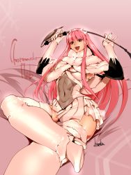 Rule 34 | 1girl, arms up, bed sheet, blunt bangs, bowalia, brown eyes, character name, covered navel, fate/grand order, fate (series), fur trim, gloves, high heels, holding, holding riding crop, holding whip, long hair, medb (fate), medb (first ascension) (fate), open mouth, pink hair, riding crop, signature, sitting, skirt, smile, solo, teeth, tongue, whip, white footwear, white gloves, white legwear, white skirt