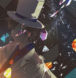 Rule 34 | 1boy, adam&#039;s apple, black background, black hair, blue shirt, broken glass, cape, closed eyes, closed mouth, collared shirt, diamond (shape), formal, from side, gem, glass, glowing, hat, highres, kaitou kid, kuroba kaito, light particles, magic kaito, male focus, monocle, necktie, orange gemstone, portrait, purple gemstone, red necktie, shards, shirt, short hair, solo, suit, top hat, white cape, white hat, white suit, whjza, yellow gemstone