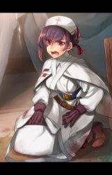 Rule 34 | 1girl, angry, bag, belt, boots, breasts, crate, dagger, fang, frown, gloves, hair bun, hat, hazuki gean, highres, knife, letterboxed, looking at viewer, nurse, nurse cap, open mouth, original, pixiv fantasia, pixiv fantasia t, purple hair, red eyes, satchel, single hair bun, solo, tears, tent, uniform, weapon