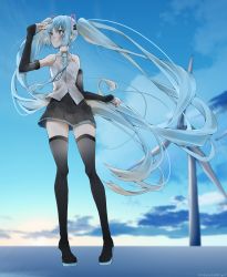 Rule 34 | 1girl, absurdly long hair, aqua eyes, aqua hair, aqua necktie, bad id, bad pixiv id, bare shoulders, black skirt, black sleeves, black thighhighs, blue sky, boots, cloud, commentary, detached sleeves, full body, hair ornament, hand up, hatsune miku, hatsune miku (vocaloid4), highres, long hair, looking to the side, miniskirt, necktie, outdoors, pleated skirt, shading eyes, shirt, shirubaa, skindentation, skirt, sky, sleeveless, sleeveless shirt, smile, solo, standing, sunrise, thigh boots, thighhighs, twintails, twitter username, v4x, very long hair, vocaloid, white shirt, wind turbine, windmill, zettai ryouiki