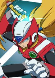 Rule 34 | 1boy, absurdres, armor, blonde hair, blue background, chest jewel, commentary, energy sword, english commentary, forehead jewel, helmet, highres, holding, holding sword, holding weapon, long hair, looking at viewer, male focus, mega man (series), mega man x (series), missing commentary, red armor, red helmet, solo, sword, upper body, weapon, xtevecb, z saber, zero (mega man)