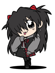 Rule 34 | 1girl, :3, alternate color, alternate hair color, artist request, black eyes, black hair, black pantyhose, chibi, earrings, full body, goth fashion, heart, interface headset, jewelry, looking at viewer, neon genesis evangelion, pantyhose, plugsuit, poptepipic, school uniform, simple background, smile, solo, souryuu asuka langley, tongue, tongue out, twintails, white background