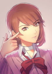 Rule 34 | 1girl, brown eyes, brown hair, choker, earrings, fateline alpha, grey background, highres, jewelry, persona, persona 3, pointing, pointing at self, short hair, smile, solo, takeba yukari