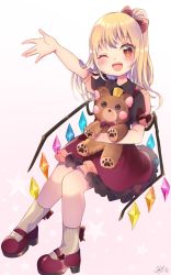 Rule 34 | 1girl, alternate hair length, alternate hairstyle, ankle socks, arm up, blush, commentary, dress, fangs, flandre scarlet, full body, gradient background, hair ribbon, highres, holding, holding stuffed toy, looking at viewer, mary janes, medium hair, no headwear, one eye closed, open hand, open mouth, petticoat, pinafore dress, pink background, pink shirt, platform footwear, ponytail, puffy short sleeves, puffy sleeves, red dress, red eyes, red footwear, ribbon, shadow, shirt, shoes, short sleeves, signature, sitting, sleeveless dress, smile, socks, solo, star (symbol), stuffed animal, stuffed toy, teddy bear, teeth, touhou, upper teeth only, white background, white socks, wings, yellow neckwear, yuineko