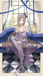 Rule 34 | 1girl, absurdres, arm support, black bow, black footwear, blonde hair, blue eyes, bow, breasts, checkered floor, cleavage, couch, crown, curtains, danganronpa (series), danganronpa 2: goodbye despair, detached sleeves, dress, flower, frilled dress, frills, full body, hair bow, high heels, highres, holding, holding flower, indoors, jewelry, legs, long hair, looking at viewer, mary janes, medium breasts, mixed-language commentary, necklace, on couch, parted bangs, petals, rose, shoes, silvertsuki, sitting, smile, solo, sonia nevermind, thighhighs, thighs, very long hair, wavy hair, white dress, white sleeves, white thighhighs, window, yellow flower, yellow rose