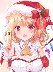 Rule 34 | 1girl, :d, alternate costume, blonde hair, blush, bow, breasts, champagne flute, cleavage, commentary request, crystal, cup, detached sleeves, drinking glass, fang, flandre scarlet, frilled shirt collar, frills, gradient background, grey background, hand up, hat, hat bow, highres, holding, holding cup, looking at viewer, medium breasts, mistletoe, miyakoto, open mouth, puffy short sleeves, puffy sleeves, red bow, red eyes, red hat, santa hat, short hair, short sleeves, skin fang, smile, solo, touhou, upskirt, white background, wings, wrist cuffs, yellow neckwear