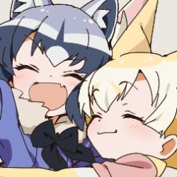 Rule 34 | 2girls, animal ears, blonde hair, blue shirt, close-up, closed eyes, commentary, common raccoon (kemono friends), fang, fennec (kemono friends), fox ears, fur-trimmed shirt, fur trim, grey hair, kemono friends, lowres, multiple girls, open mouth, raccoon ears, satou asuka, shirt, short sleeves, skin fang, smile, v-shaped eyebrows