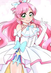 Rule 34 | 1girl, ascot, boh stick, bow, braid, brooch, closed mouth, commentary, cowboy shot, cure prism, dress, earrings, elbow gloves, gloves, green eyes, hair bow, highres, hirogaru sky! precure, jewelry, layered dress, long hair, looking at viewer, magical girl, medium dress, mismatched earrings, nijigaoka mashiro, pink hair, precure, side braid, sleeveless, sleeveless dress, smile, solo, standing, twin braids, twitter username, very long hair, white ascot, white bow, white dress, white gloves, wing brooch