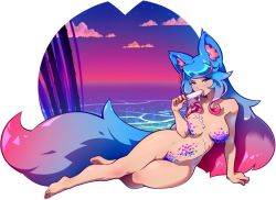 Rule 34 | 1girl, animal ears, barefoot, blue eyes, blue hair, breasts, deliciousorange, eating, food, gradient hair, multicolored hair, pink hair, popsicle, silvervale, solo, tail, tongue, two-tone hair, virtual youtuber, vshojo, water, wolf ears, wolf girl, wolf tail