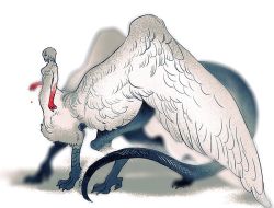 Rule 34 | 1girl, arm at side, blood, blood on arm, blurry, chimera, depth of field, dragon tail, dungeon meshi, falin touden, falin touden (chimera), feathered wings, from side, full body, looking away, monochrome, monster girl, nude, saiko67, short hair, simple background, solo, spoilers, spot color, standing, tail, taur, wings