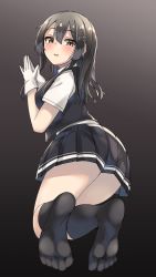 Rule 34 | 1girl, black hair, black legwear, black skirt, black vest, brown eyes, commentary request, dress shirt, from behind, full body, gloves, gradient background, grey eyes, hair ornament, hairclip, highres, kantai collection, kneeling, long hair, looking at viewer, looking back, oyashio (kancolle), pleated skirt, school uniform, shirt, skirt, soles, solo, vest, wasumi kei, white gloves, white shirt
