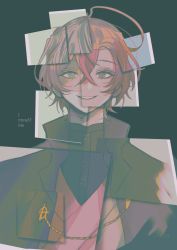 Rule 34 | 1boy, crossed bangs, english text, green eyes, hair between eyes, highres, hypnosis mic, i pinklove u, japanese clothes, light brown hair, looking at viewer, male focus, paper, short hair, simple background, smile, solo, upper body, yumeno gentaro