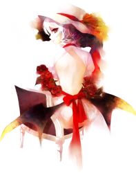 Rule 34 | 1girl, back, backless dress, backless outfit, bad id, bad pixiv id, bare back, bat wings, chair, dress, female focus, flower, hat, looking back, prino hawell, purple hair, remilia scarlet, rose, sitting, solo, touhou, wings