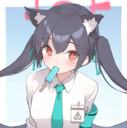 Rule 34 | 1girl, animal ear fluff, animal ears, armband, black hair, blue archive, blush, collared shirt, food, hair between eyes, hair ribbon, halo, id card, long hair, miya kazutomo, mouth hold, necktie, popsicle, red eyes, ribbon, safety pin, school uniform, serika (blue archive), shirt, simple background, solo, sweat, twintails, upper body, very long hair, white shirt