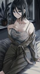 Rule 34 | 1girl, bare shoulders, bed, black eyes, black hair, breasts, collarbone, eyebrows hidden by hair, hair between eyes, highres, indoors, looking at viewer, mole, mole on breast, nicky w, open clothes, original, short hair, sitting, smile, solo