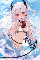 Rule 34 | 1girl, bare arms, bare shoulders, bikini, black wings, blood, blood bag, blue sky, blush, breasts, cloud, commentary request, contrapposto, cross, cross earrings, dark-skinned female, dark skin, day, demon girl, demon horns, demon tail, demon wings, drinking, drinking straw, earrings, heart, heart in eye, highres, holding, horns, innertube, jewelry, long hair, looking at viewer, low wings, navel, original, outdoors, pointy ears, red eyes, signature, silver hair, single earring, sky, small breasts, solo, stomach, swim ring, swimsuit, symbol in eye, tail, thigh strap, two side up, v-shaped eyebrows, very long hair, white bikini, wings, yukimiya yuge